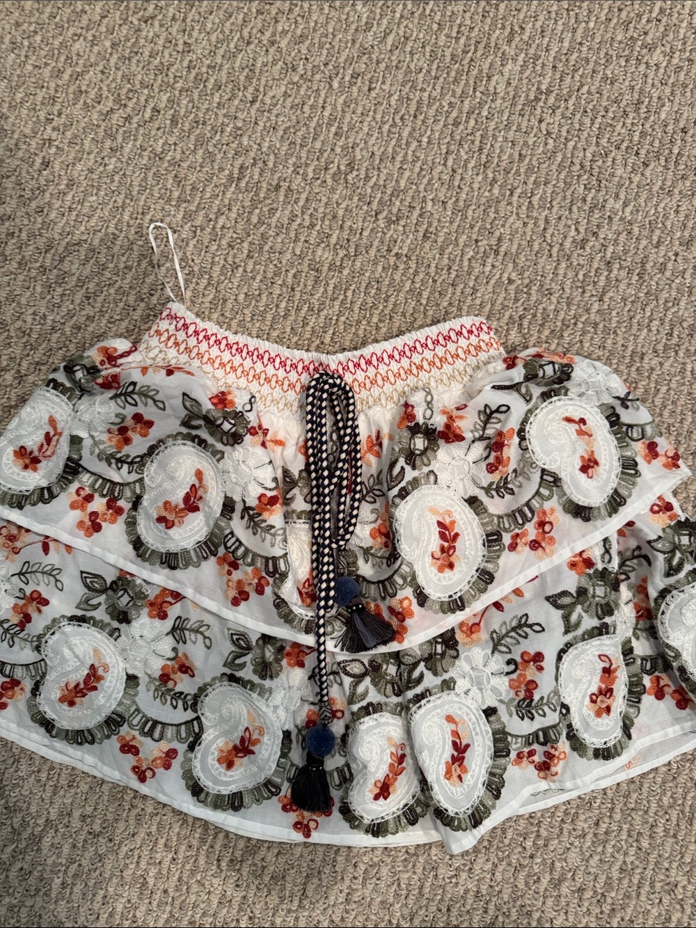 White Embroidered Tiered Skater Skirt with Olive & Rust Floral Motif